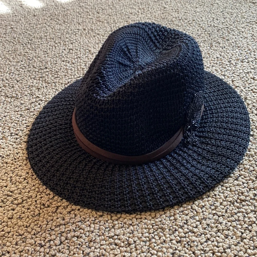 NWOT Black Embellished Fedora Hat with Black Heart